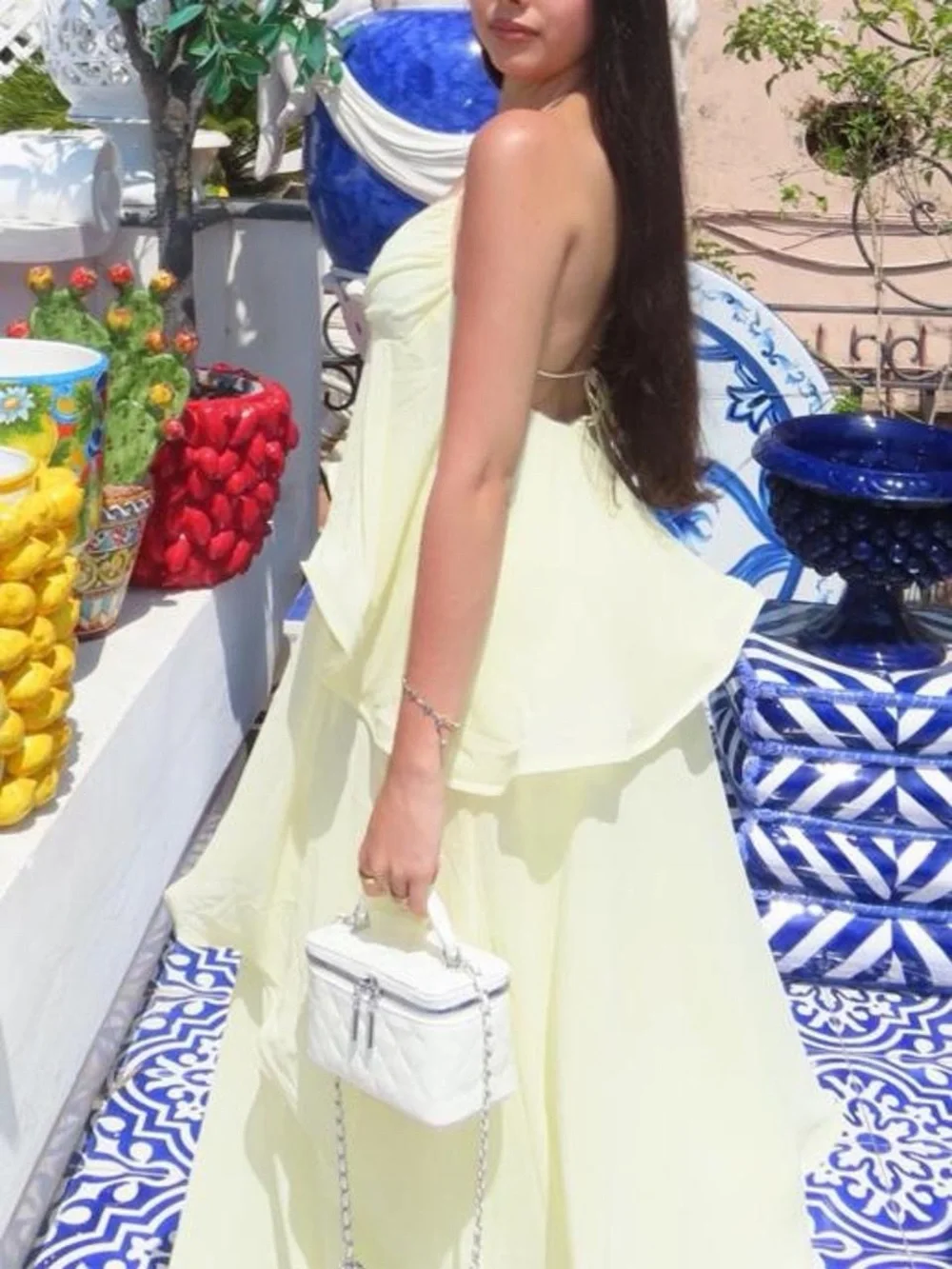 White Fox Boutique Pale Yellow Halter Tiered Maxi Dress